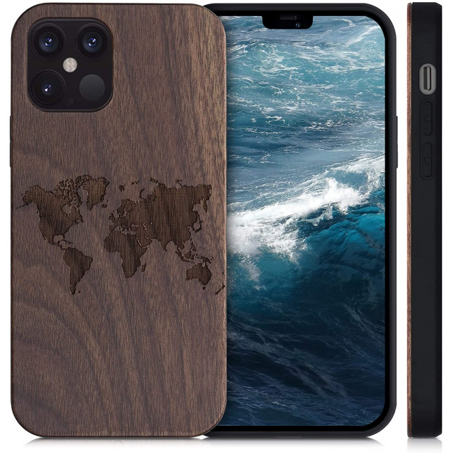 KW iPhone 12 Pro Θήκη από Φυσικό Ξύλο Design Travel Outline - Dark Brown - 52734.02