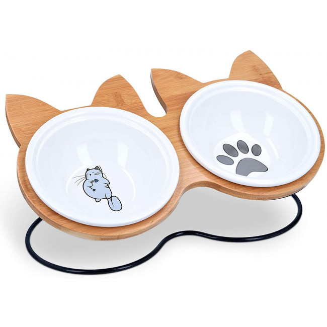 Navaris Ceramic Cat Bowls with Wood Stands - Σετ με 2 Μπολ Φαγητού και Νερού με Βάση από Μπαμπού και Μέταλλο για Κατοικίδια - Brown - 51991.01