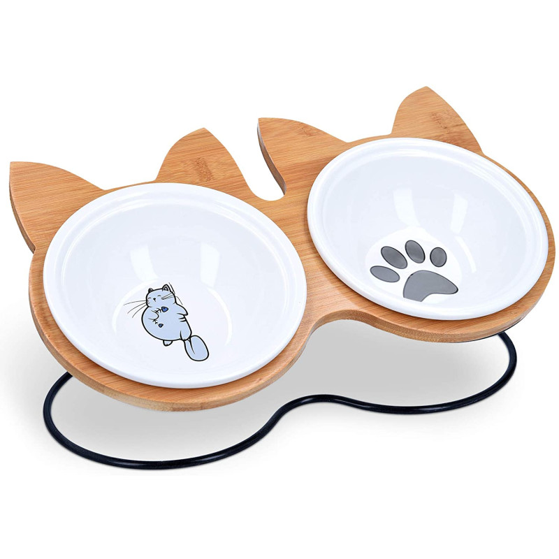 Navaris Ceramic Cat Bowls with Wood Stands - Σετ με 2 Μπολ Φαγητού και Νερού με Βάση από Μπαμπού και Μέταλλο για Κατοικίδια - Brown - 51991.01