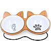 Navaris Ceramic Cat Bowls with Wood Stands - Σετ με 2 Μπολ Φαγητού και Νερού με Βάση από Μπαμπού και Μέταλλο για Κατοικίδια - Brown - 51991.01