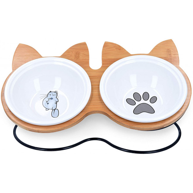 Navaris Ceramic Cat Bowls with Wood Stands - Σετ με 2 Μπολ Φαγητού και Νερού με Βάση από Μπαμπού και Μέταλλο για Κατοικίδια - Brown - 51991.01