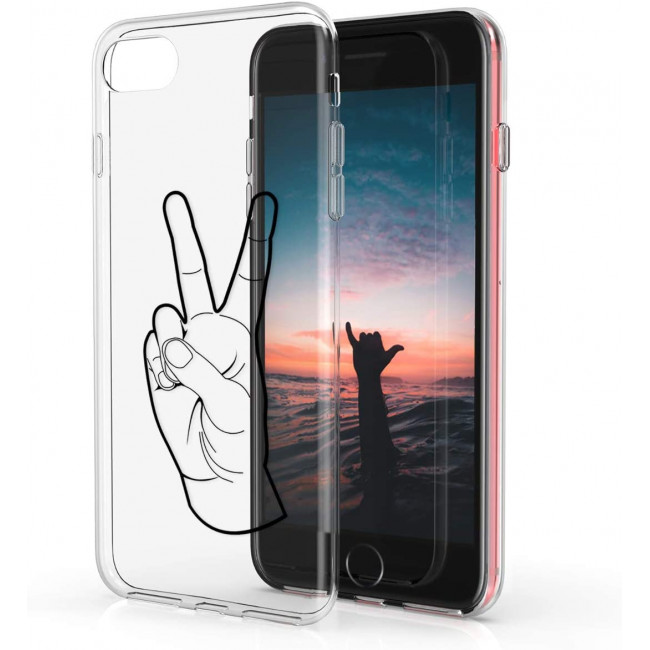 KW iPhone SE 2022 / SE 2020 / 7 / 8 Θήκη Σιλικόνης TPU Design V Sign - Black - Διάφανη - 41448.22