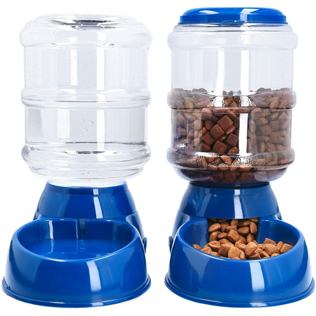 Navaris Automatic Food and Water Dispenser - Σετ με 2 Διανομείς Φαγητού και Νερού για Κατοικίδιο - 3.8L - Dark Blue - 48332.17