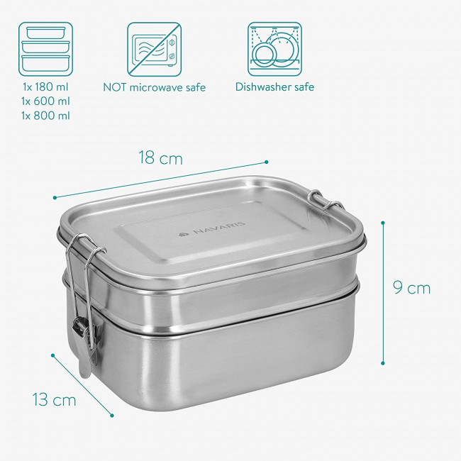 Navaris Large Steel Lunch Box - Μεταλλικό Δοχείο Αποθήκευσης Φαγητού με Διαιρέτη - Silver - 50788.03