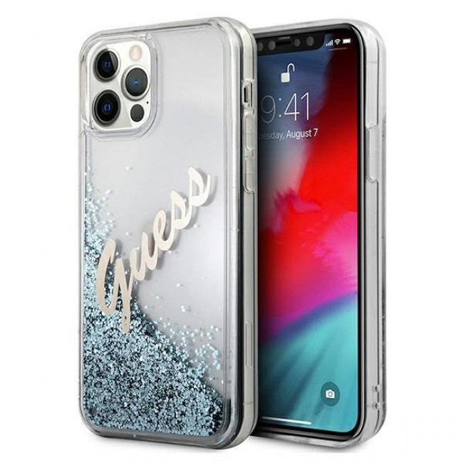 Guess iPhone 12 / iPhone 12 Pro - Glitter Vintage Script Σκληρή Θήκη με Πλαίσιο Σιλικόνης - Blue - GUHCP12MGLVSBL