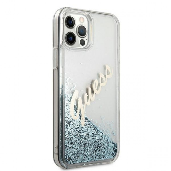 Guess iPhone 12 / iPhone 12 Pro - Glitter Vintage Script Σκληρή Θήκη με Πλαίσιο Σιλικόνης - Blue - GUHCP12MGLVSBL