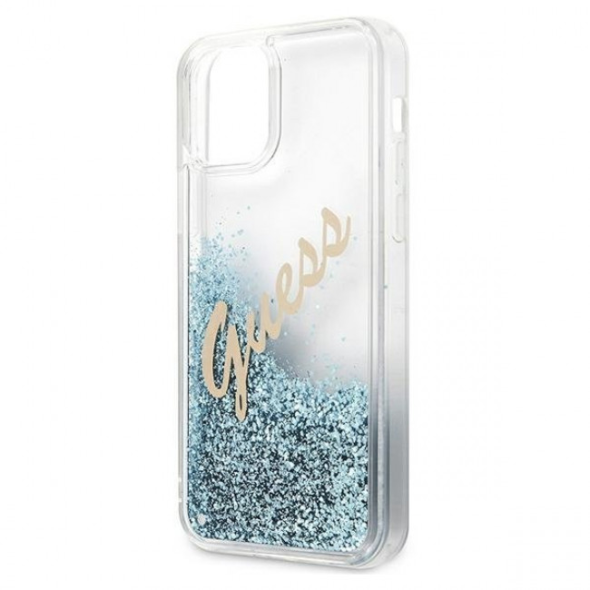 Guess iPhone 12 / iPhone 12 Pro - Glitter Vintage Script Σκληρή Θήκη με Πλαίσιο Σιλικόνης - Blue - GUHCP12MGLVSBL