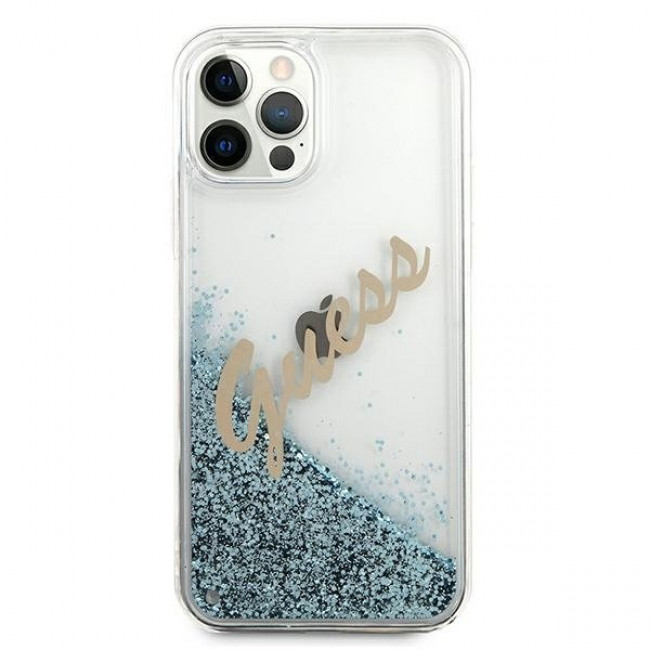 Guess iPhone 12 / iPhone 12 Pro - Glitter Vintage Script Σκληρή Θήκη με Πλαίσιο Σιλικόνης - Blue - GUHCP12MGLVSBL