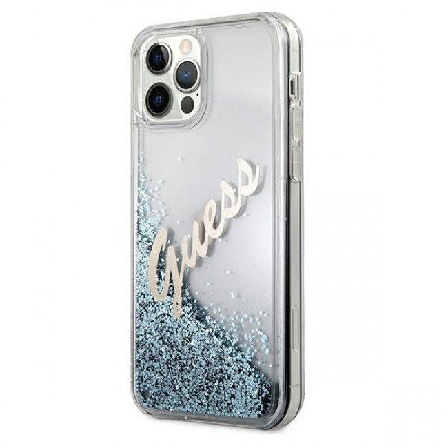 Guess iPhone 12 / iPhone 12 Pro - Glitter Vintage Script Σκληρή Θήκη με Πλαίσιο Σιλικόνης - Blue - GUHCP12MGLVSBL