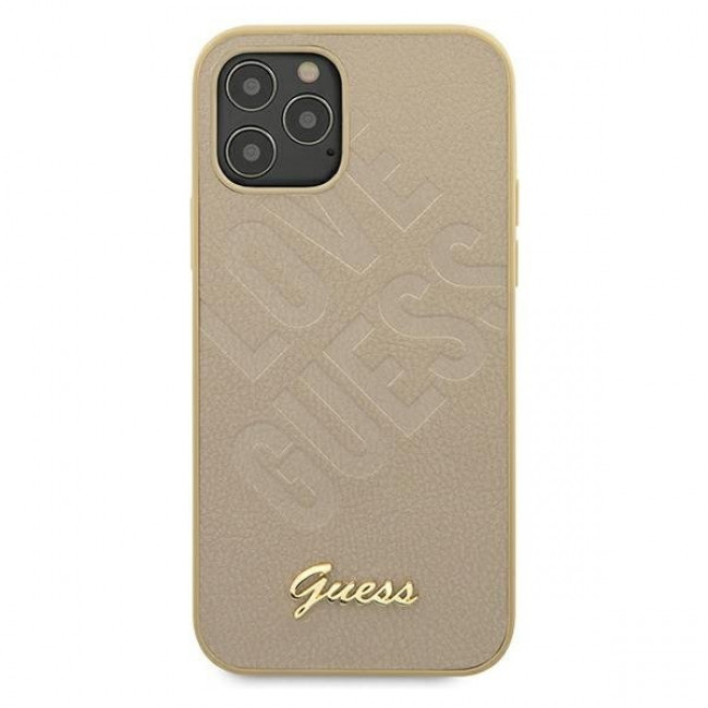 Guess iPhone 12 Pro Max - Iridescent Love Script Θήκη με Επένδυση Συνθετικού Δέρματος - Gold - GUHCP12LPUILGLG