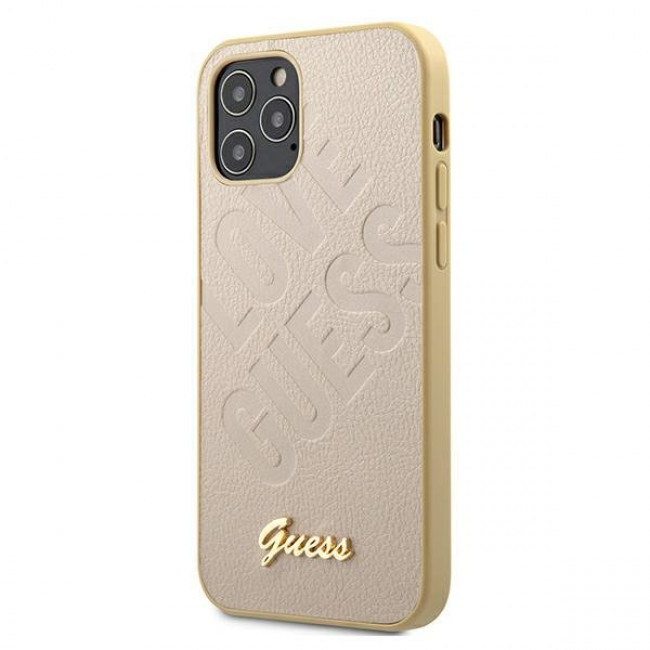 Guess iPhone 12 Pro Max - Iridescent Love Script Θήκη με Επένδυση Συνθετικού Δέρματος - Gold - GUHCP12LPUILGLG