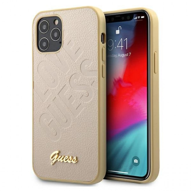 Guess iPhone 12 Pro Max - Iridescent Love Script Θήκη με Επένδυση Συνθετικού Δέρματος - Gold - GUHCP12LPUILGLG