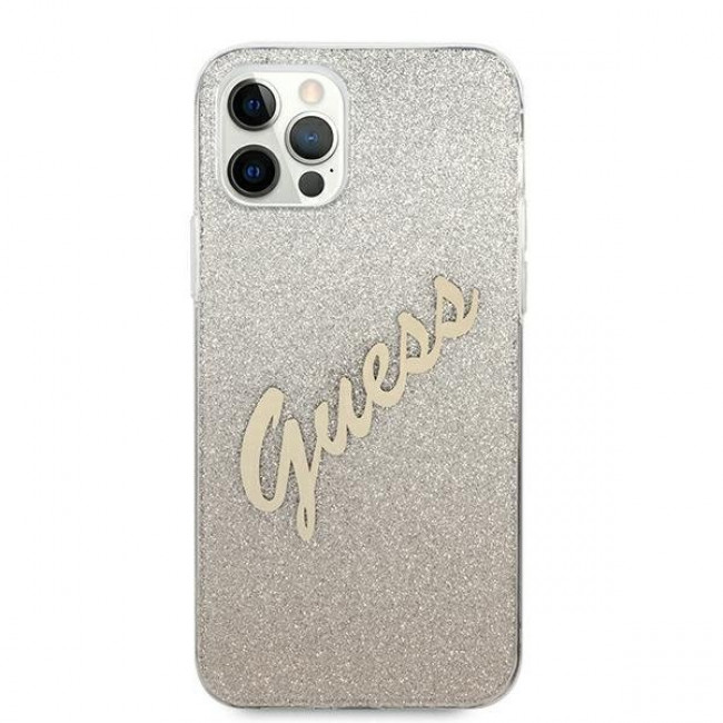 Guess iPhone 12 Pro Max - Glitter Gradient Script Σκληρή Θήκη με Πλαίσιο Σιλικόνης - Gold - GUHCP12LPCUGLSGO