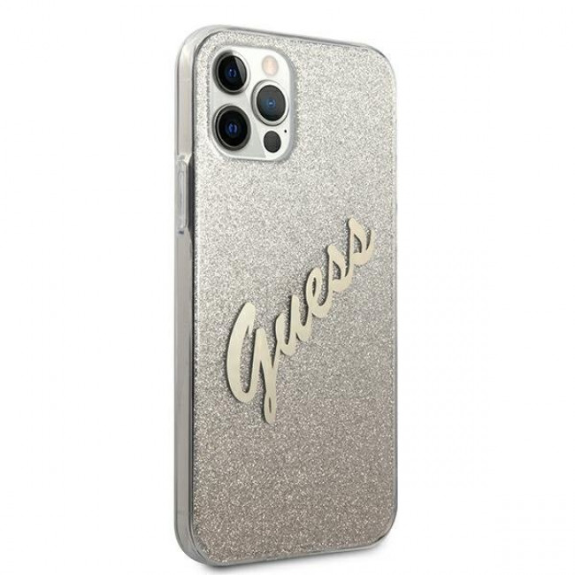 Guess iPhone 12 Pro Max - Glitter Gradient Script Σκληρή Θήκη με Πλαίσιο Σιλικόνης - Gold - GUHCP12LPCUGLSGO