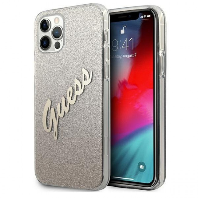 Guess iPhone 12 Pro Max - Glitter Gradient Script Σκληρή Θήκη με Πλαίσιο Σιλικόνης - Gold - GUHCP12LPCUGLSGO