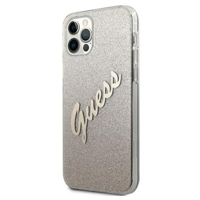 Guess iPhone 12 Pro Max - Glitter Gradient Script Σκληρή Θήκη με Πλαίσιο Σιλικόνης - Gold - GUHCP12LPCUGLSGO