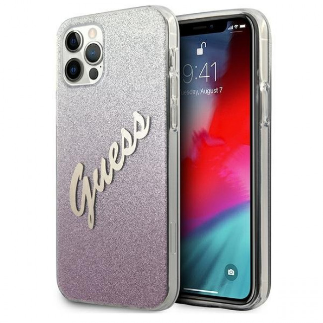 Guess iPhone 12 / iPhone 12 Pro - Glitter Gradient Script Σκληρή Θήκη με Πλαίσιο Σιλικόνης - Pink - GUHCP12MPCUGLSPI