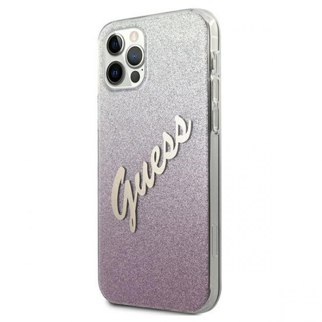 Guess iPhone 12 / iPhone 12 Pro - Glitter Gradient Script Σκληρή Θήκη με Πλαίσιο Σιλικόνης - Pink - GUHCP12MPCUGLSPI