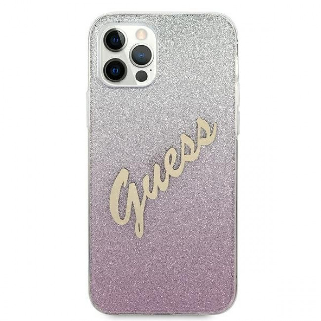 Guess iPhone 12 / iPhone 12 Pro - Glitter Gradient Script Σκληρή Θήκη με Πλαίσιο Σιλικόνης - Pink - GUHCP12MPCUGLSPI