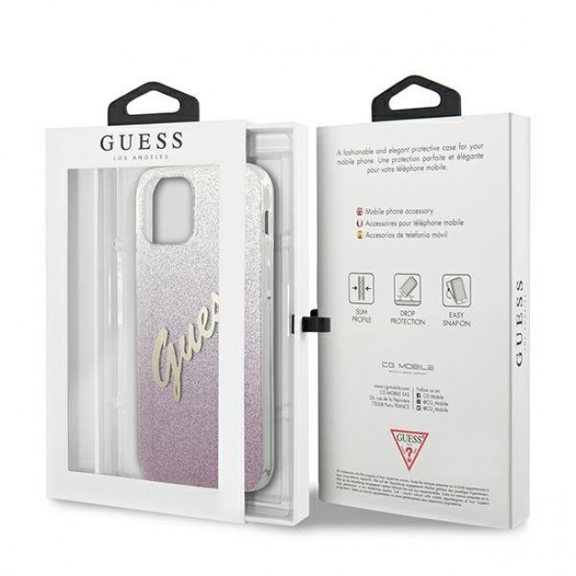 Guess iPhone 12 / iPhone 12 Pro - Glitter Gradient Script Σκληρή Θήκη με Πλαίσιο Σιλικόνης - Pink - GUHCP12MPCUGLSPI