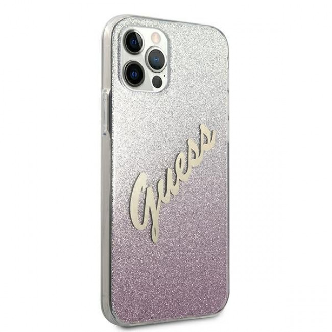 Guess iPhone 12 / iPhone 12 Pro - Glitter Gradient Script Σκληρή Θήκη με Πλαίσιο Σιλικόνης - Pink - GUHCP12MPCUGLSPI