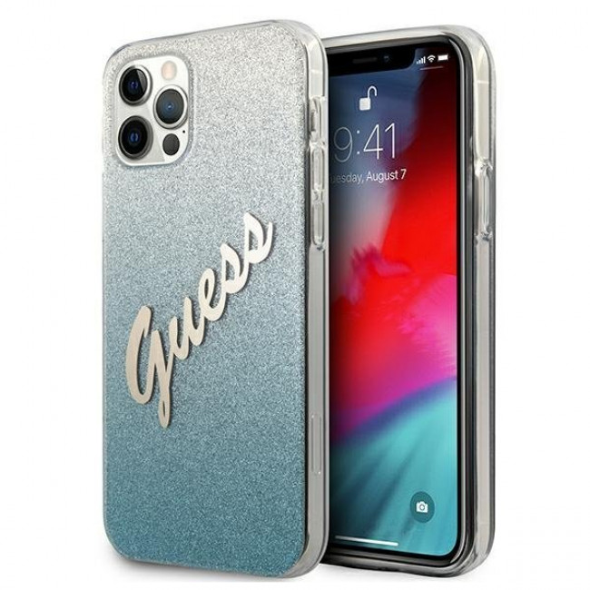 Guess iPhone 12 Pro Max - Glitter Gradient Script Σκληρή Θήκη με Πλαίσιο Σιλικόνης - Blue - GUHCP12LPCUGLSBL