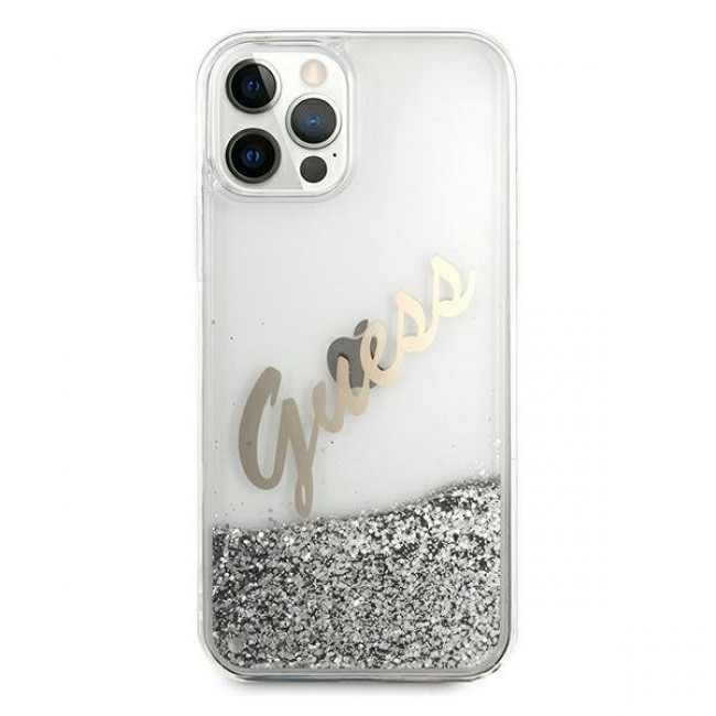 Guess iPhone 12 / iPhone 12 Pro - Glitter Vintage Script Σκληρή Θήκη με Πλαίσιο Σιλικόνης - Silver - GUHCP12MGLVSSI