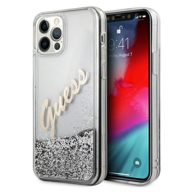 Guess iPhone 12 / iPhone 12 Pro - Glitter Vintage Script Σκληρή Θήκη με Πλαίσιο Σιλικόνης - Silver - GUHCP12MGLVSSI