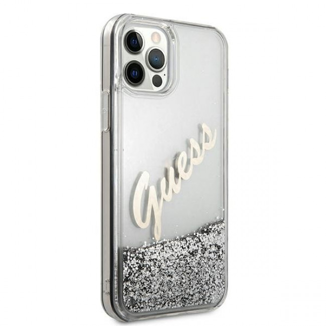 Guess iPhone 12 / iPhone 12 Pro - Glitter Vintage Script Σκληρή Θήκη με Πλαίσιο Σιλικόνης - Silver - GUHCP12MGLVSSI