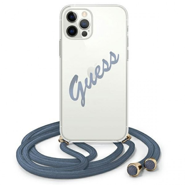 Guess iPhone 12 Pro Max - Script Vintage Σκληρή Θήκη με Πλαίσιο Σιλικόνης και Λουράκι - Blue - GUHCP12LCRTVSBL