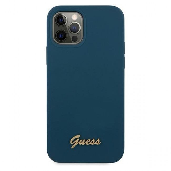 Guess iPhone 12 Pro Max Silicone Metal Logo Script Θήκη Σιλικόνης - Blue - GUHCP12LLSLMGBL