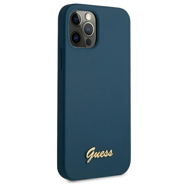 Guess iPhone 12 Pro Max Silicone Metal Logo Script Θήκη Σιλικόνης - Blue - GUHCP12LLSLMGBL