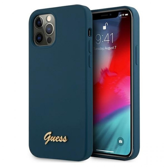 Guess iPhone 12 Pro Max Silicone Metal Logo Script Θήκη Σιλικόνης - Blue - GUHCP12LLSLMGBL