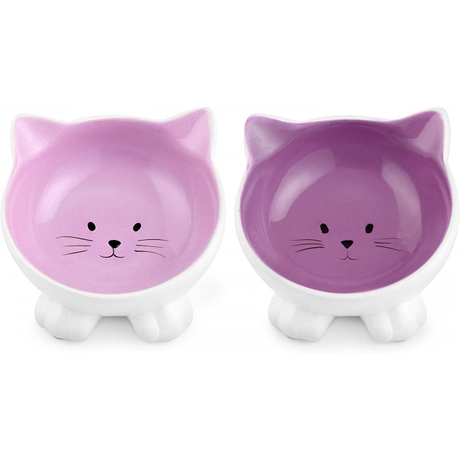 Navaris Cat Bowls with Ears Set of 2 - Σετ με 2 Μπολ Φαγητού και Νερού σε Σχήμα Γάτας - Purple / Pink - 50736.45