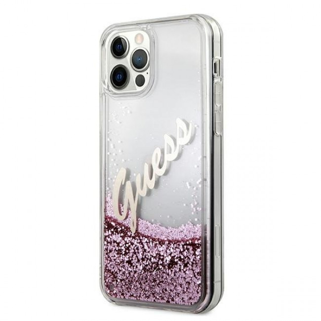 Guess iPhone 12 Pro Max - Glitter Vintage Script Σκληρή Θήκη με Πλαίσιο Σιλικόνης - Pink - GUHCP12LGLVSPI