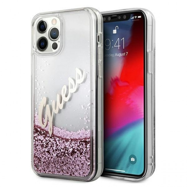 Guess iPhone 12 Pro Max - Glitter Vintage Script Σκληρή Θήκη με Πλαίσιο Σιλικόνης - Pink - GUHCP12LGLVSPI