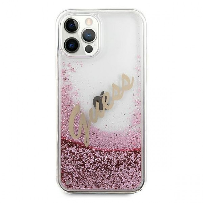 Guess iPhone 12 Pro Max - Glitter Vintage Script Σκληρή Θήκη με Πλαίσιο Σιλικόνης - Pink - GUHCP12LGLVSPI