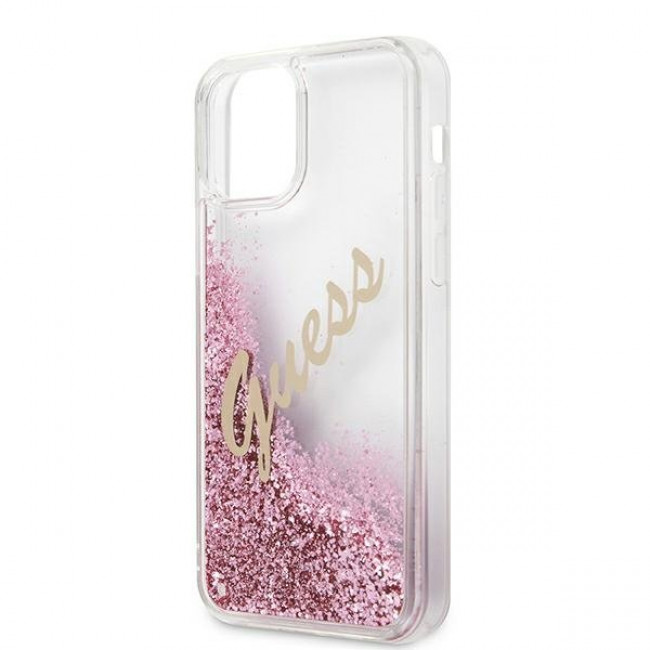 Guess iPhone 12 Pro Max - Glitter Vintage Script Σκληρή Θήκη με Πλαίσιο Σιλικόνης - Pink - GUHCP12LGLVSPI