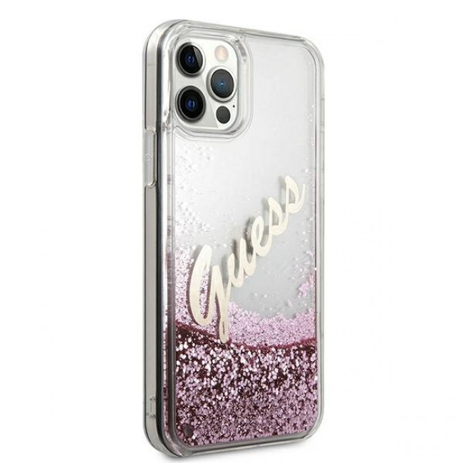 Guess iPhone 12 Pro Max - Glitter Vintage Script Σκληρή Θήκη με Πλαίσιο Σιλικόνης - Pink - GUHCP12LGLVSPI