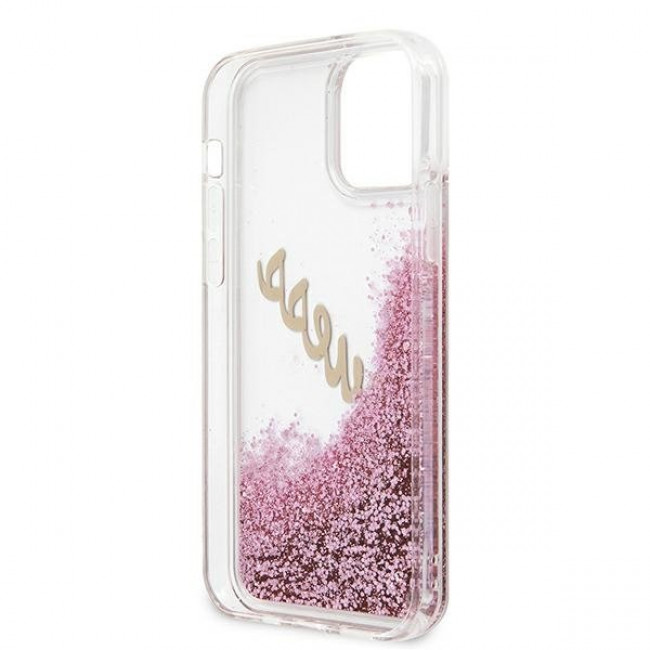 Guess iPhone 12 Pro Max - Glitter Vintage Script Σκληρή Θήκη με Πλαίσιο Σιλικόνης - Pink - GUHCP12LGLVSPI