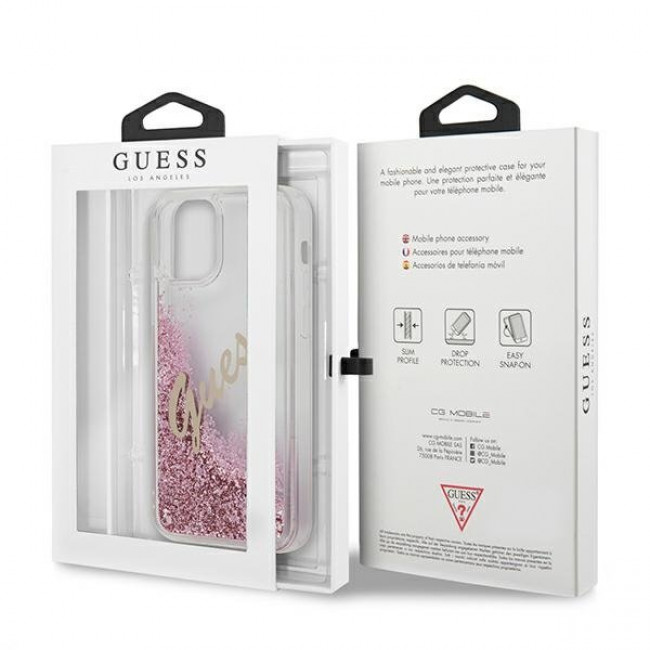 Guess iPhone 12 Pro Max - Glitter Vintage Script Σκληρή Θήκη με Πλαίσιο Σιλικόνης - Pink - GUHCP12LGLVSPI