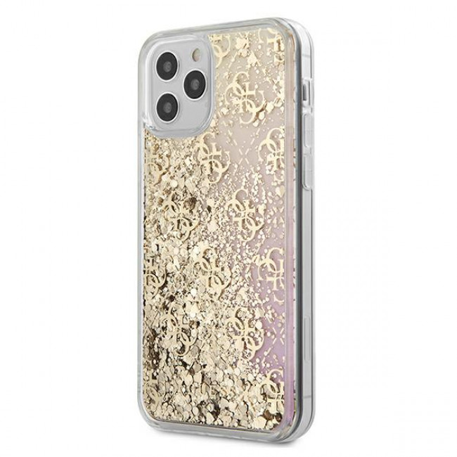 Guess iPhone 12 / iPhone 12 Pro - Gradient Liquid Glitter 4G Σκληρή Θήκη με Πλαίσιο Σιλικόνης - Gold - GUHCP12MLG4GGPIGO