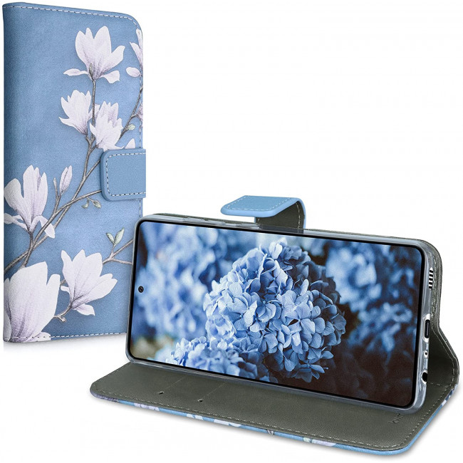 KW Samsung Galaxy A52 / A52 5G / A52s 5G Θήκη Πορτοφόλι Stand - Design Magnolias - White / Blue / Grey - 54349.02