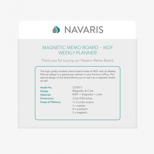 Navaris Combination Board 3 in 1 - Πίνακας 3 σε 1 με Μαυροπίνακα - Φελλό - Μαγνητικό Πίνακα 60 x 25cm - Multicolour - 53787.1