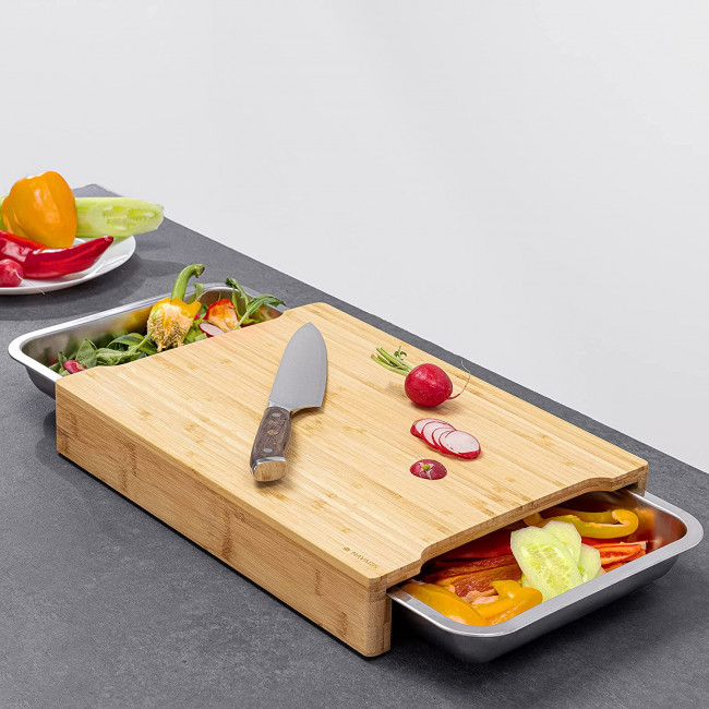 Navaris XL Bamboo Chopping Board with Crumb Tray Σανίδα Κοπής από Μπαμπού με 2 Δοχεία - Light Brown / Silver - 47368.03