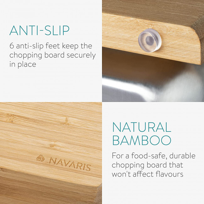 Navaris XL Bamboo Chopping Board with Crumb Tray Σανίδα Κοπής από Μπαμπού με 2 Δοχεία - Light Brown / Silver - 47368.03