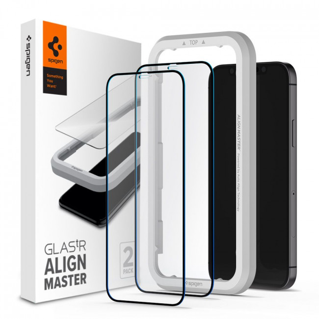 Spigen iPhone 12 / iPhone 12 Pro FC AlignMaster 2.5D Full Screen Case Friendly Tempered Glass Αντιχαρακτικό Γυαλί Οθόνης 9H - 2 Τεμάχια - Black