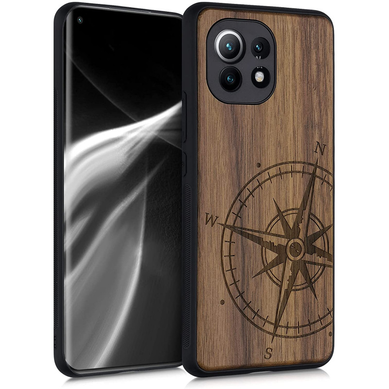 KW Xiaomi Mi 11 Θήκη από Φυσικό Ξύλο - Design Navigational Compass - Dark Brown - 54662.01