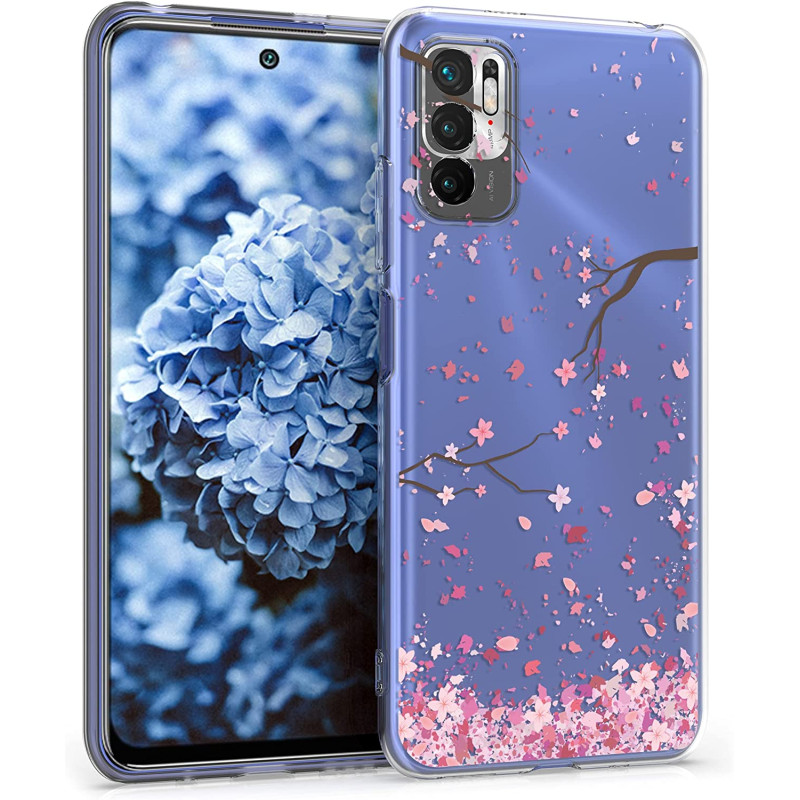 KW Xiaomi Redmi Note 10 5G / Poco M3 Pro 5G Θήκη Σιλικόνης TPU Design Cherry Blossom Leaves - Pink / Dark Brown - Διάφανη - 54950.01