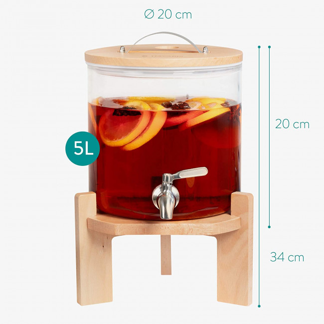 Navaris Glass Beverage Drink Dispenser Γυάλινος Διανεμητής Ποτού με Ξύλινη Βάση - 5L - Brown - 46785.04